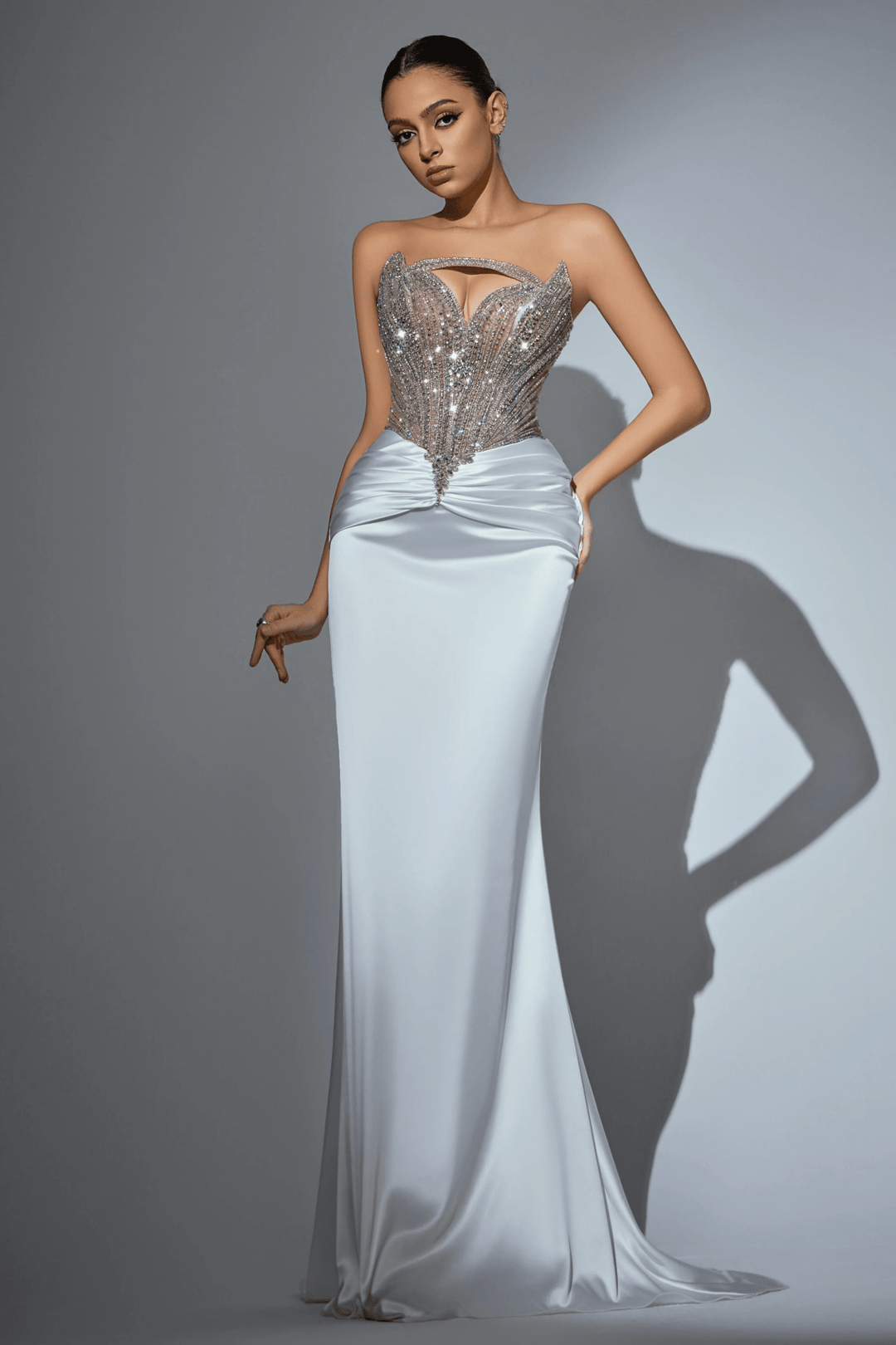 Red Sequin Evening Gown with Beaded Corset – Strapless Glitter Dress with Satin Skirt and High Slit Plus Size - WonderlandByLilian