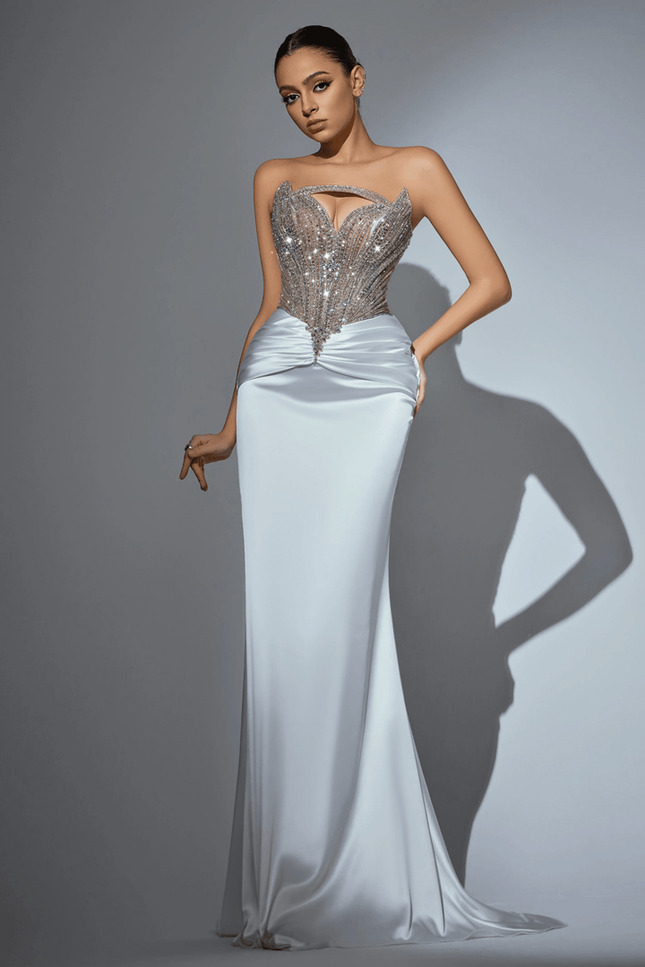 Red Sequin Evening Gown with Beaded Corset – Strapless Glitter Dress with Satin Skirt and High Slit Plus Size - WonderlandByLilian