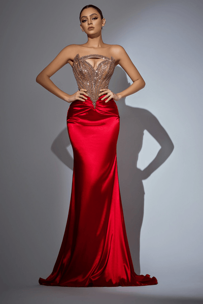Red Sequin Evening Gown with Beaded Corset – Strapless Glitter Dress with Satin Skirt and High Slit Plus Size Size 10 / Red
