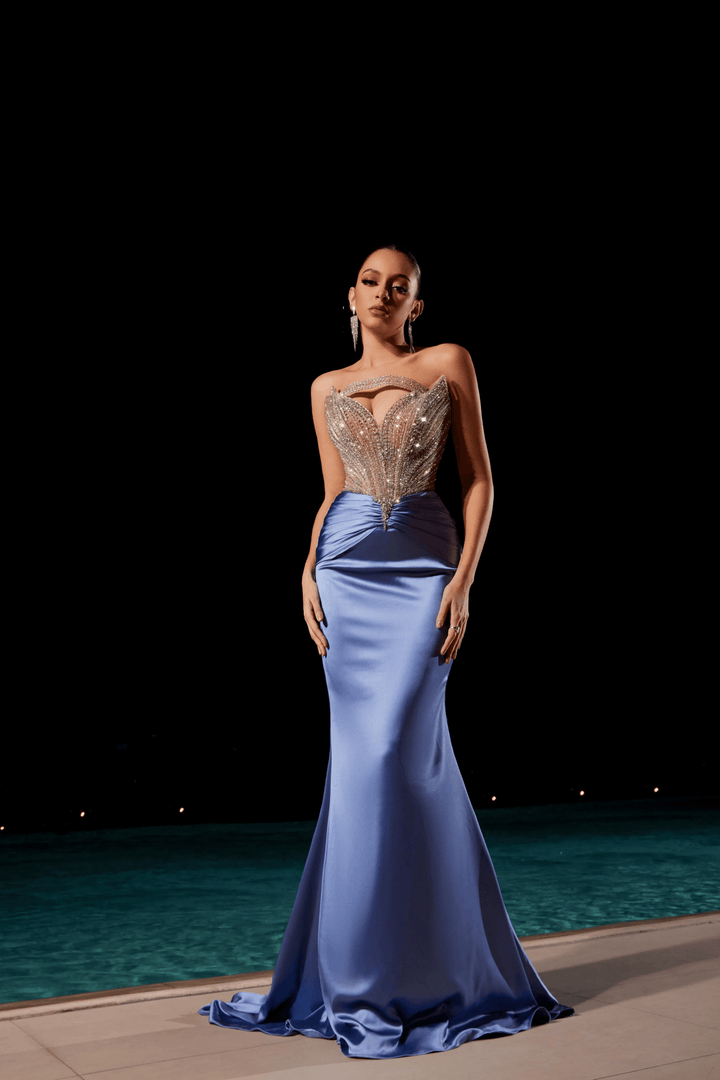 Red Sequin Evening Gown with Beaded Corset – Strapless Glitter Dress with Satin Skirt and High Slit Plus Size - WonderlandByLilian
