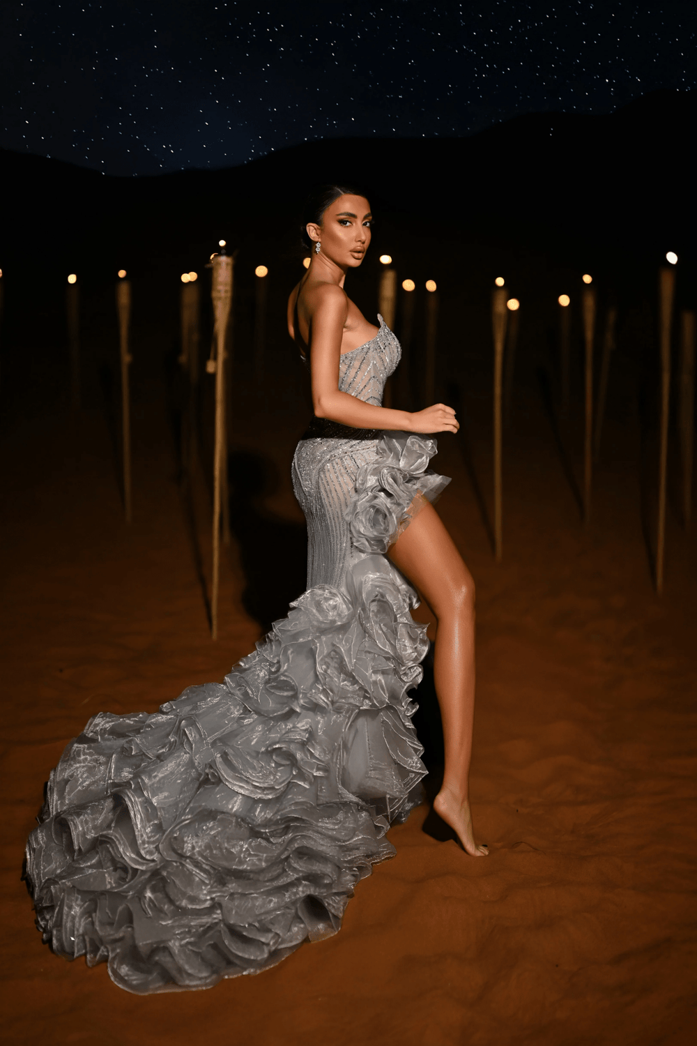 Red Strapless Ruffled Evening Gown with High Slit and Crystal Beaded Detailing – Designer Sequin Gown with Dramatic Ruffles Plus Size - WonderlandByLilian