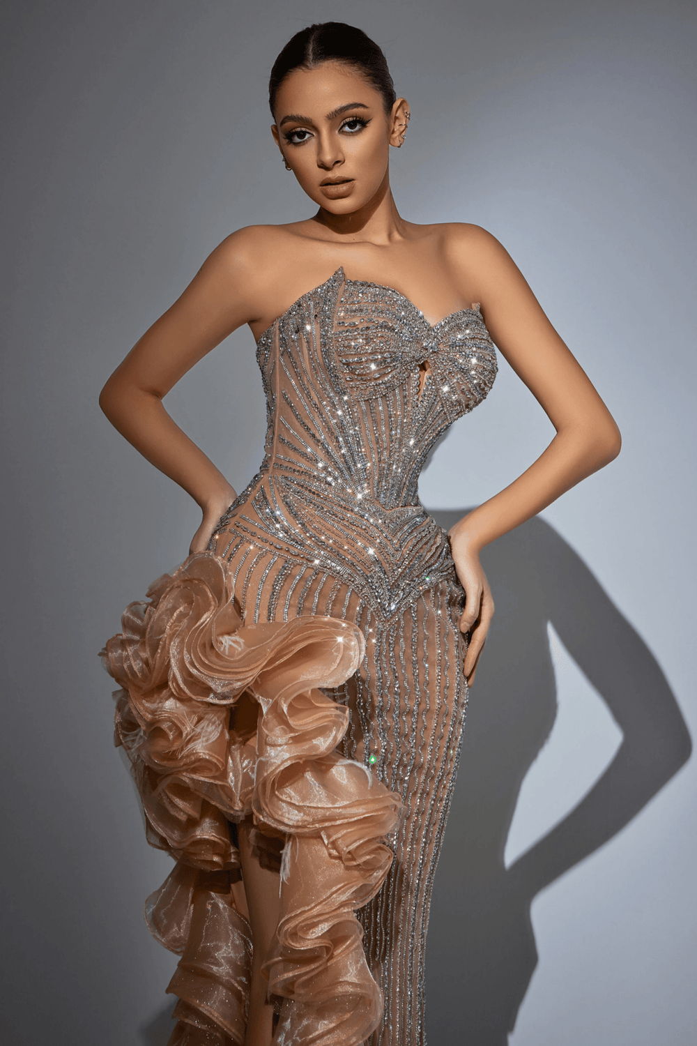 Red Strapless Ruffled Evening Gown with High Slit and Crystal Beaded Detailing – Designer Sequin Gown with Dramatic Ruffles Plus Size - WonderlandByLilian