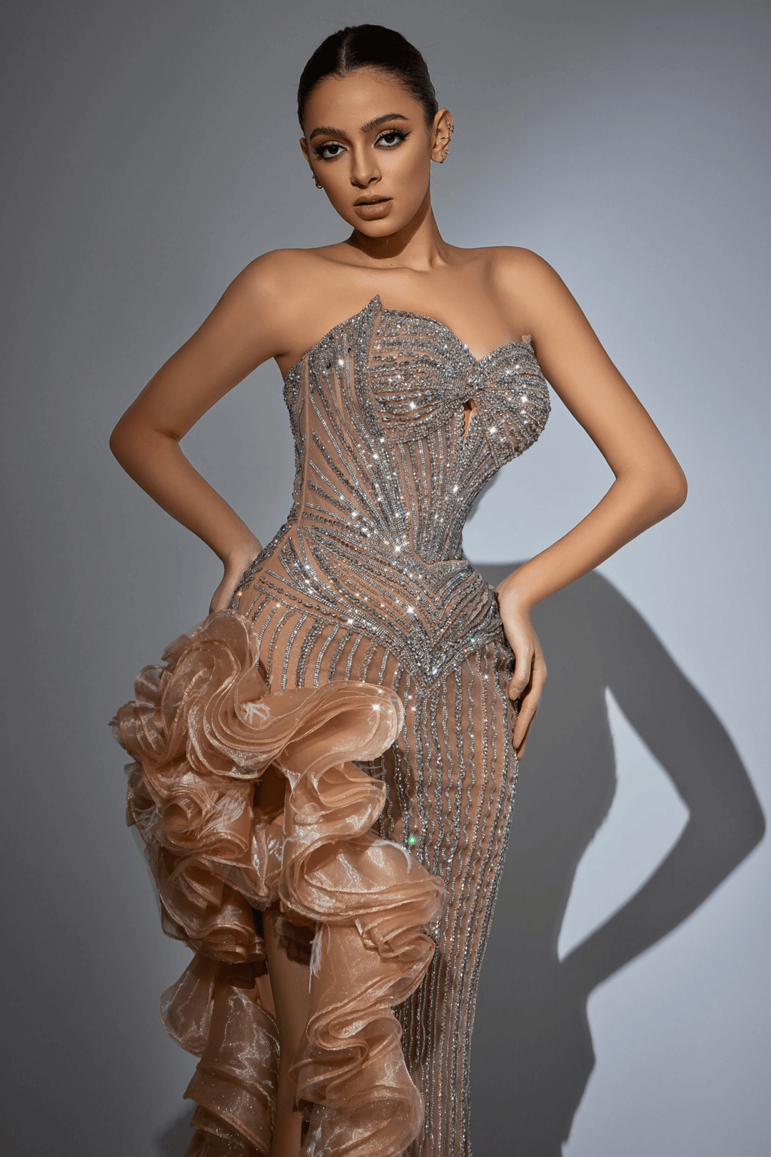 Red Strapless Ruffled Evening Gown with High Slit and Crystal Beaded Detailing – Designer Sequin Gown with Dramatic Ruffles Plus Size - WonderlandByLilian