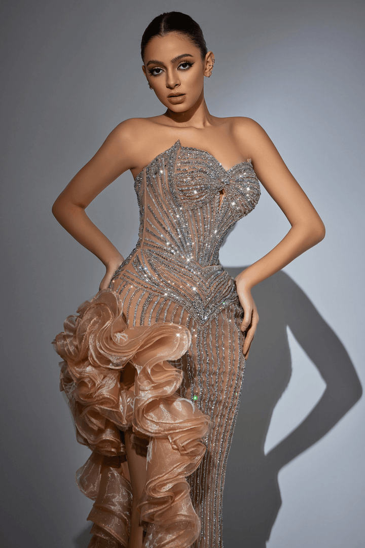 Red Strapless Ruffled Evening Gown with High Slit and Crystal Beaded Detailing – Designer Sequin Gown with Dramatic Ruffles Plus Size - WonderlandByLilian