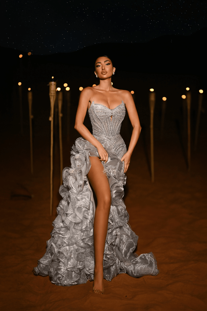 Red Strapless Ruffled Evening Gown with High Slit and Crystal Beaded Detailing – Designer Sequin Gown with Dramatic Ruffles Plus Size - WonderlandByLilian