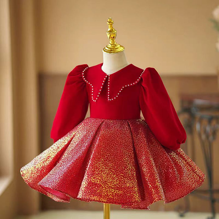 Red Velvet Long Sleeve Flower Girl Dress with Gold Glitter Skirt for Wedding – Plus Size - WonderlandByLilian