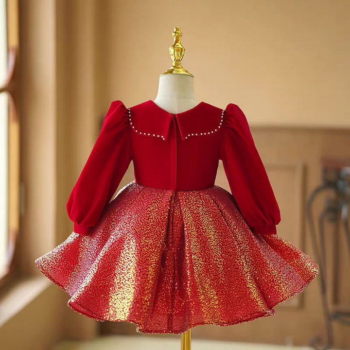 Red Velvet Long Sleeve Flower Girl Dress with Gold Glitter Skirt for Wedding – Plus Size - WonderlandByLilian