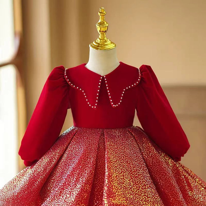 Red Velvet Long Sleeve Flower Girl Dress with Gold Glitter Skirt for Wedding – Plus Size - WonderlandByLilian