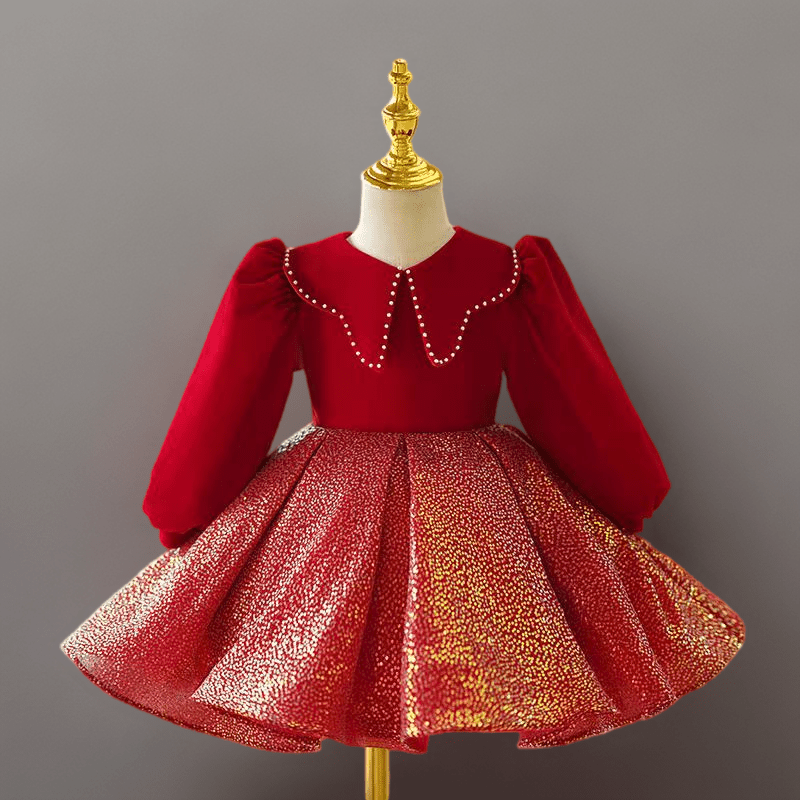 Red Velvet Long Sleeve Flower Girl Dress with Gold Glitter Skirt for Wedding – Plus Size - WonderlandByLilian