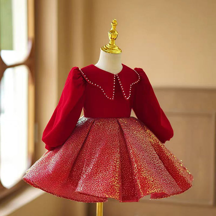 Red Velvet Long Sleeve Flower Girl Dress with Gold Glitter Skirt for Wedding – Plus Size - WonderlandByLilian