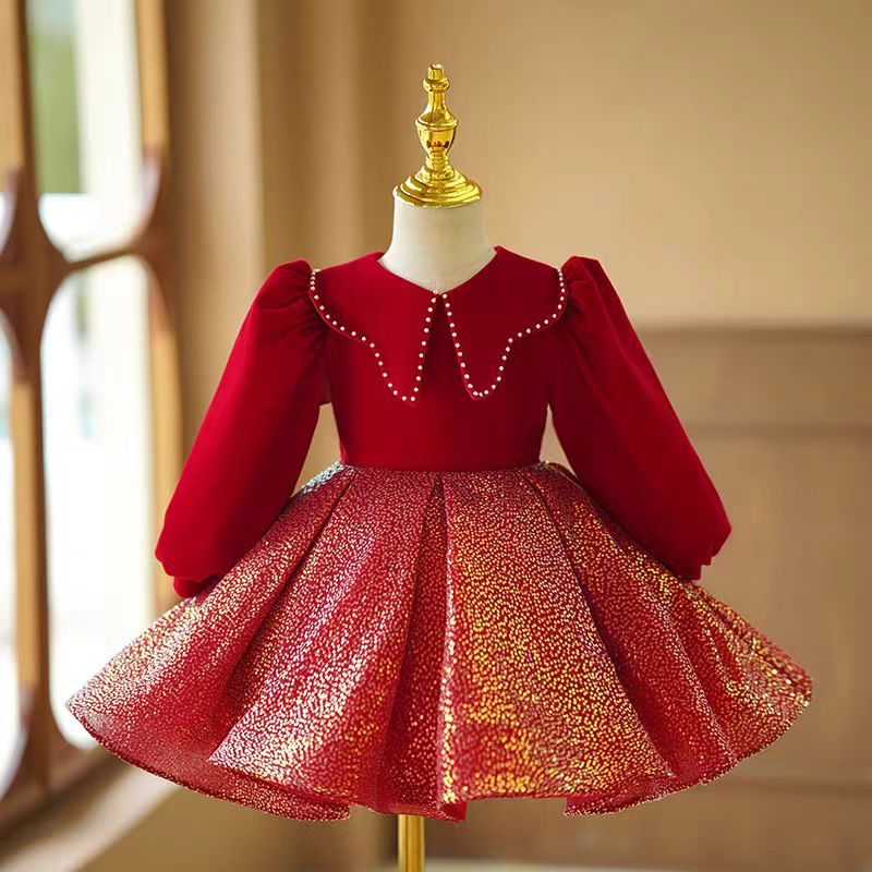 Red Velvet Long Sleeve Flower Girl Dress with Gold Glitter Skirt for Wedding – Plus Size - WonderlandByLilian