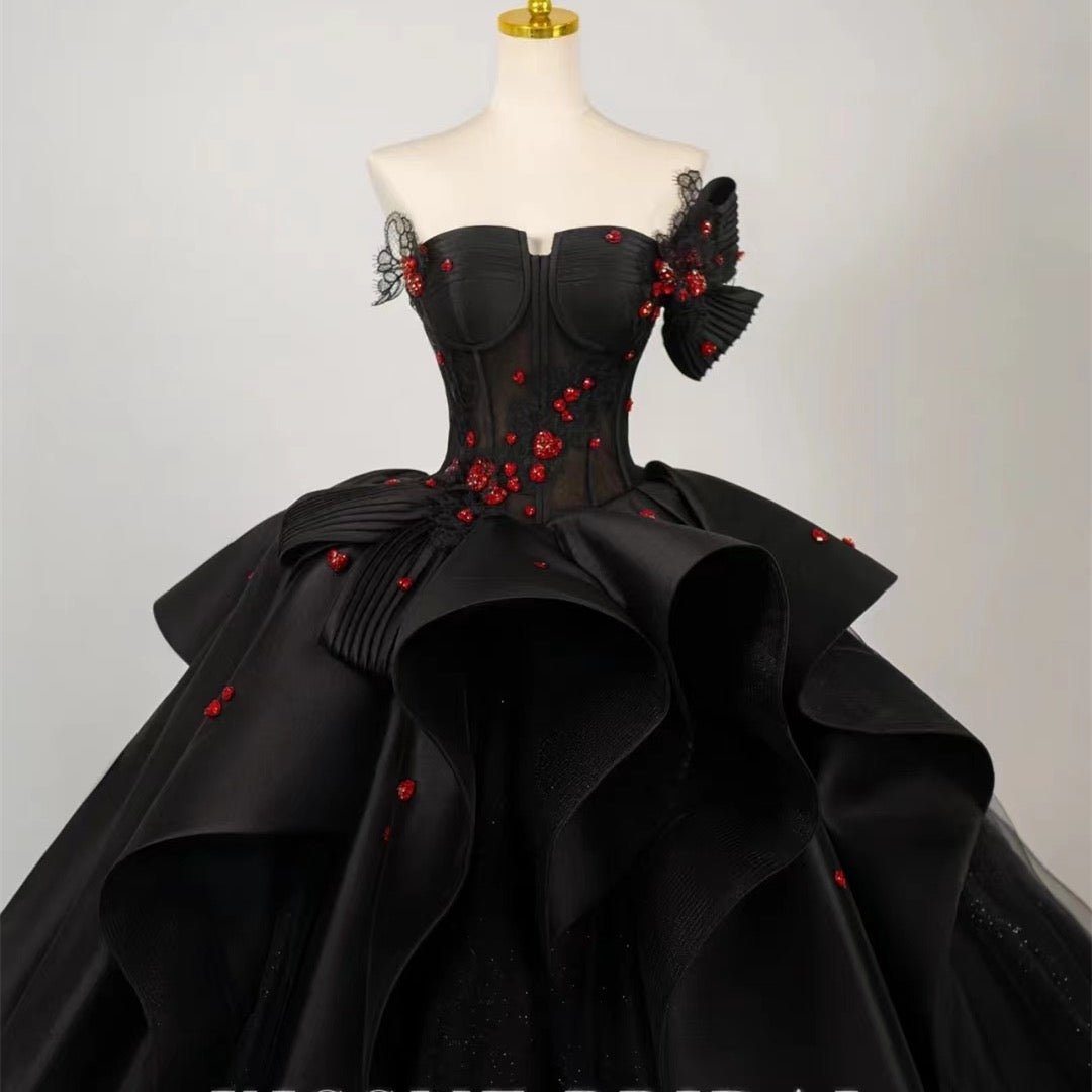 Regal Gothic Black Wedding Dress Ball Gown with Off-Shoulder Black and Red Floral Accents Plus Size - WonderlandByLilian