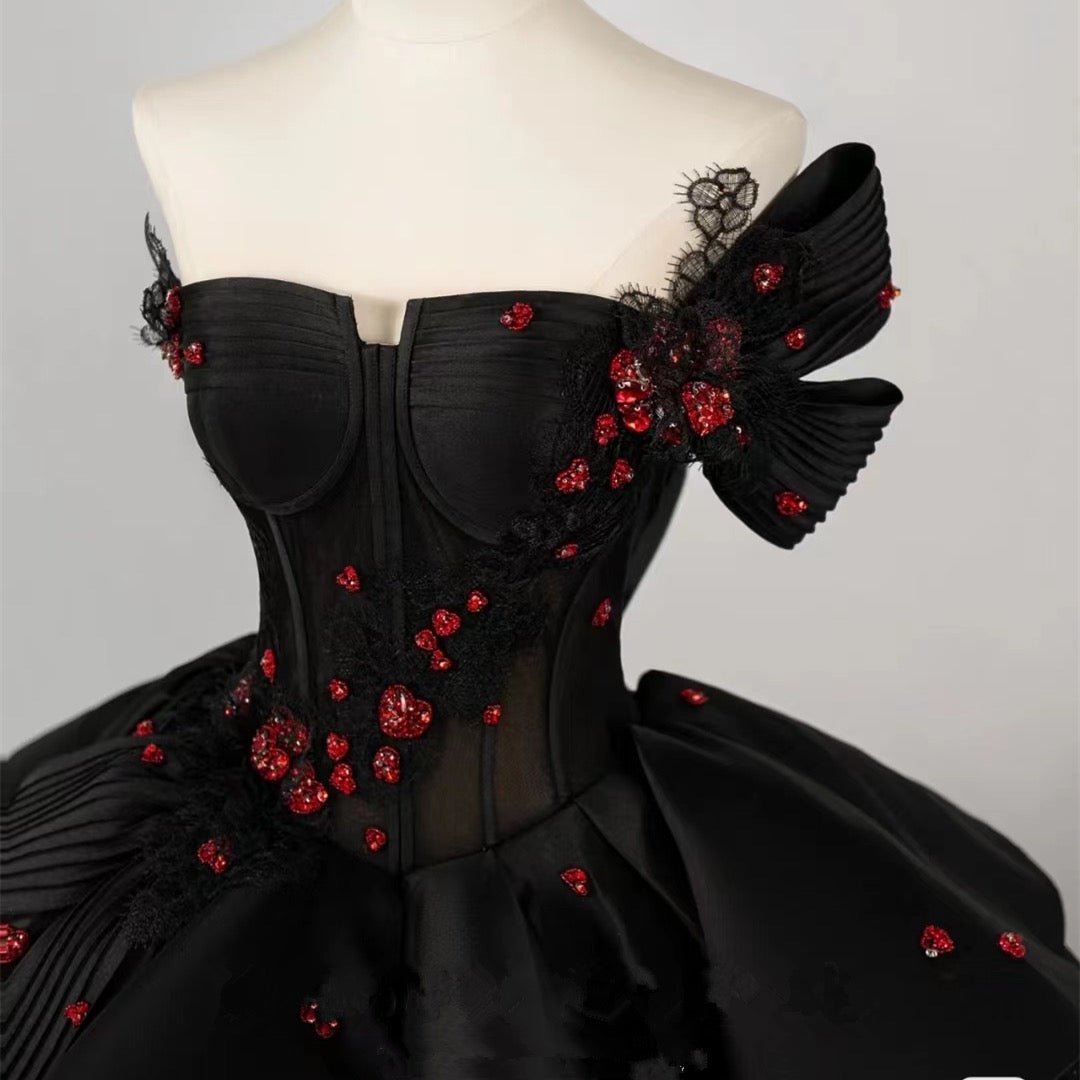 Regal Gothic Black Wedding Dress Ball Gown with Off-Shoulder Black and Red Floral Accents Plus Size - WonderlandByLilian