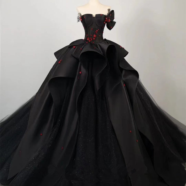 Regal Gothic Black Wedding Dress Ball Gown with Off-Shoulder Black and Red Floral Accents Plus Size - WonderlandByLilian