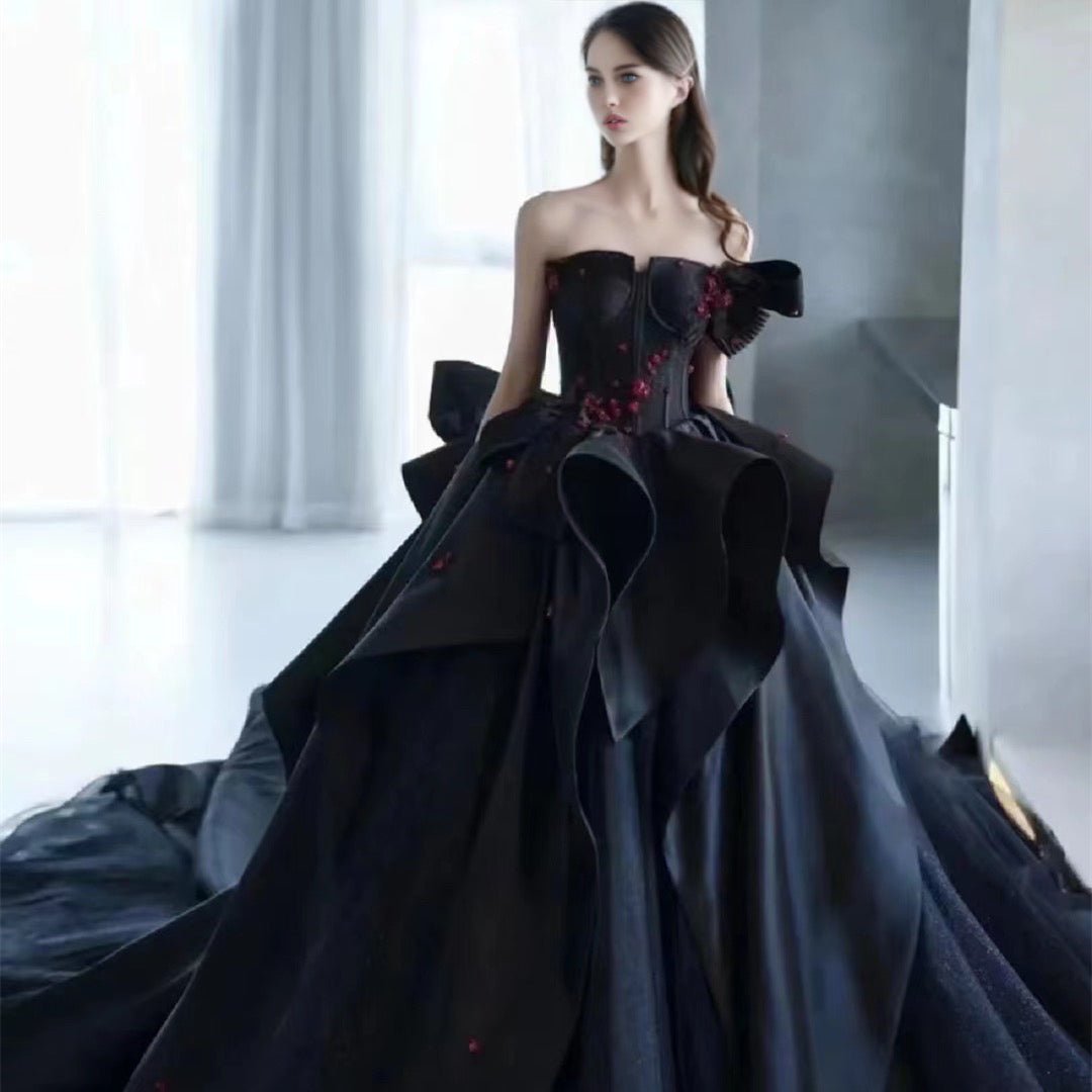 Regal Gothic Black Wedding Dress Ball Gown with Off-Shoulder Black and Red Floral Accents Plus Size - WonderlandByLilian