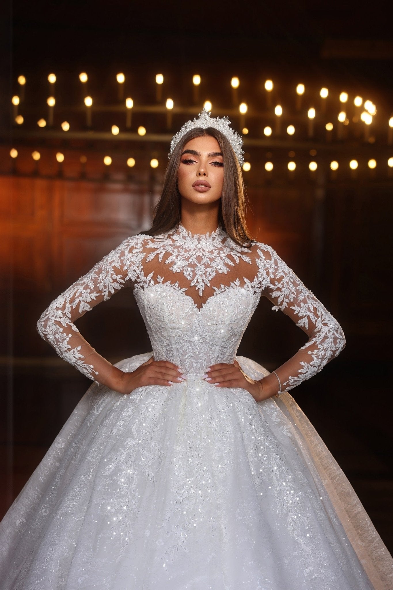 Regal High Neck Lace Wedding Dress Plus Size - WonderlandByLilian