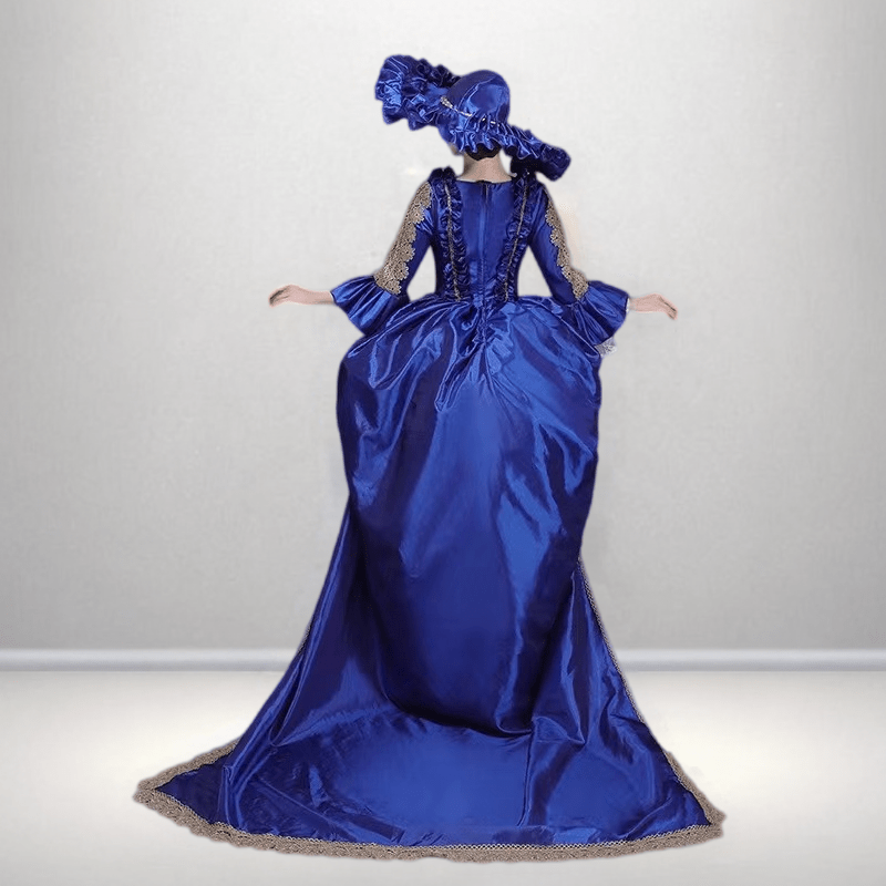 Regal Navy and Amber Medieval Dress - Ornate Rococo Ball Gown with Majestic Blue Accents Plus Size - WonderlandByLilian