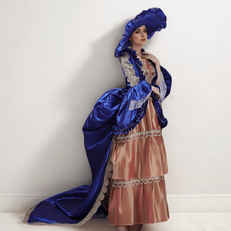 Regal Navy and Amber Medieval Dress - Ornate Rococo Ball Gown with Majestic Blue Accents Plus Size - WonderlandByLilian