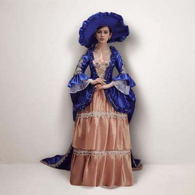 Regal Navy and Amber Medieval Dress - Ornate Rococo Ball Gown with Majestic Blue Accents Plus Size - WonderlandByLilian
