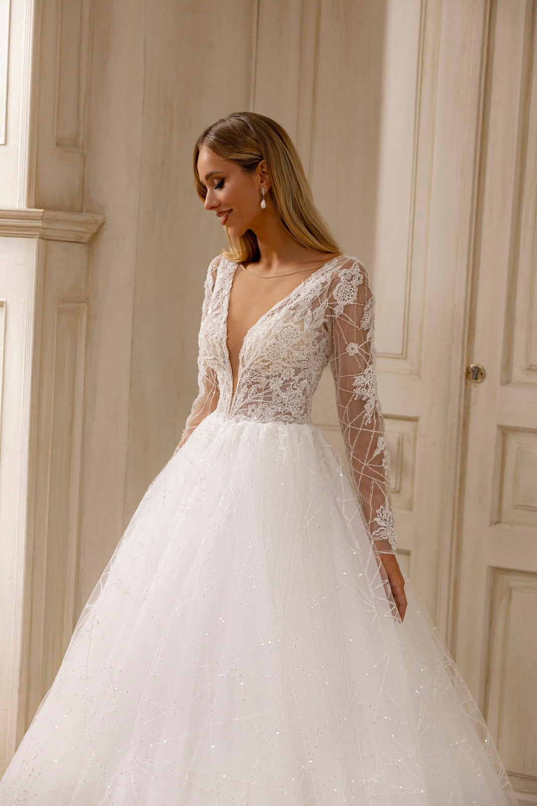 Regal Princess-Inspired A-Line Wedding Gown with Sequined Lace and Sheer Sleeves - WonderlandByLilian