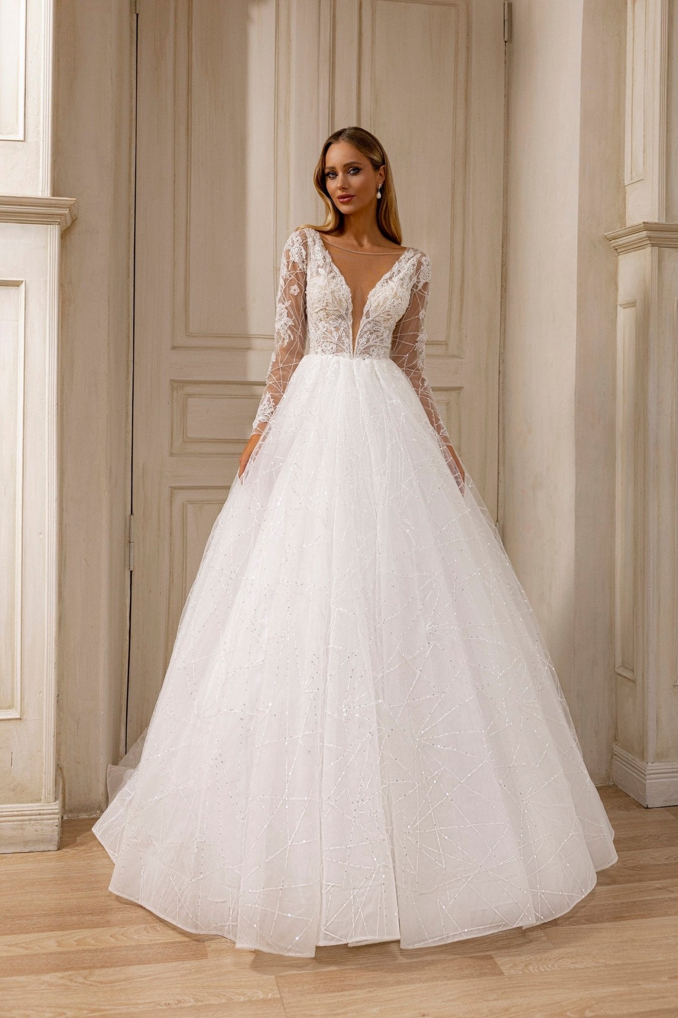 Regal Princess-Inspired A-Line Wedding Gown with Sequined Lace and Sheer Sleeves - WonderlandByLilian