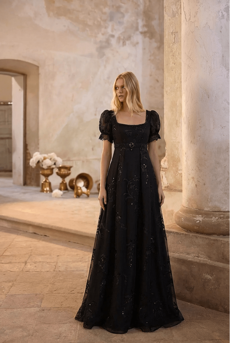 empire waist dress long sleeve Regency Era Black Empire Waist Dress with Sheer Puff Sleeves and Tonal Embroidery – Bridgerton Inspired Vintage Gown Plus Size