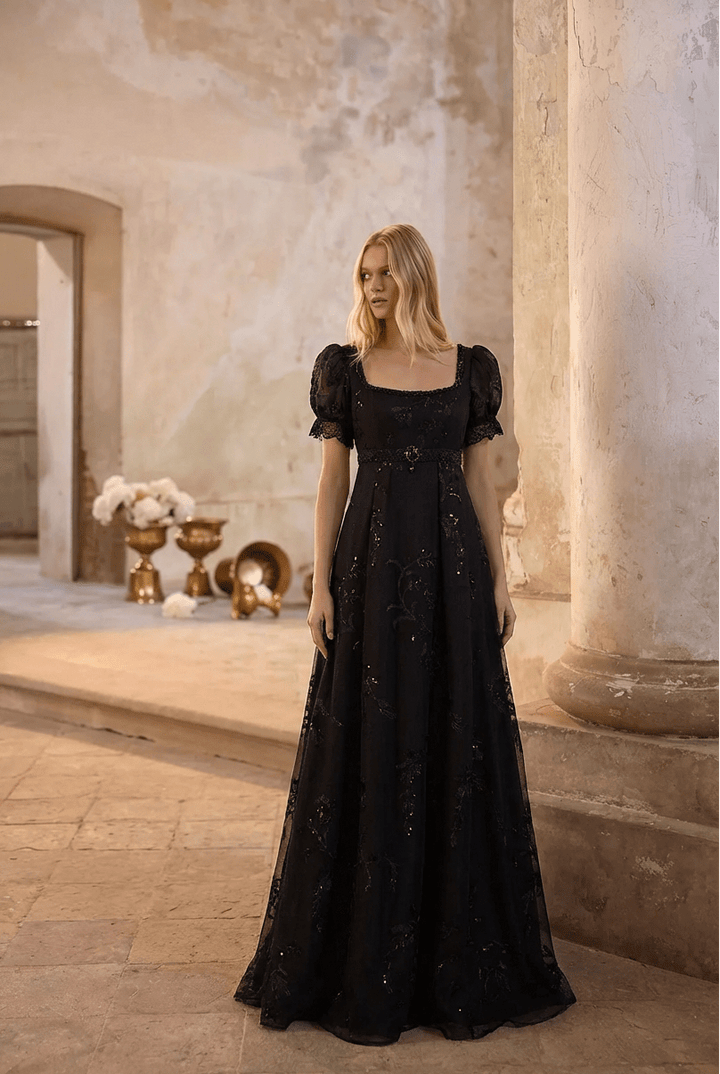 Regency Era Black Empire Waist Dress with Sheer Puff Sleeves and Tonal Embroidery – Bridgerton Inspired Vintage Gown Plus Size - WonderlandByLilian