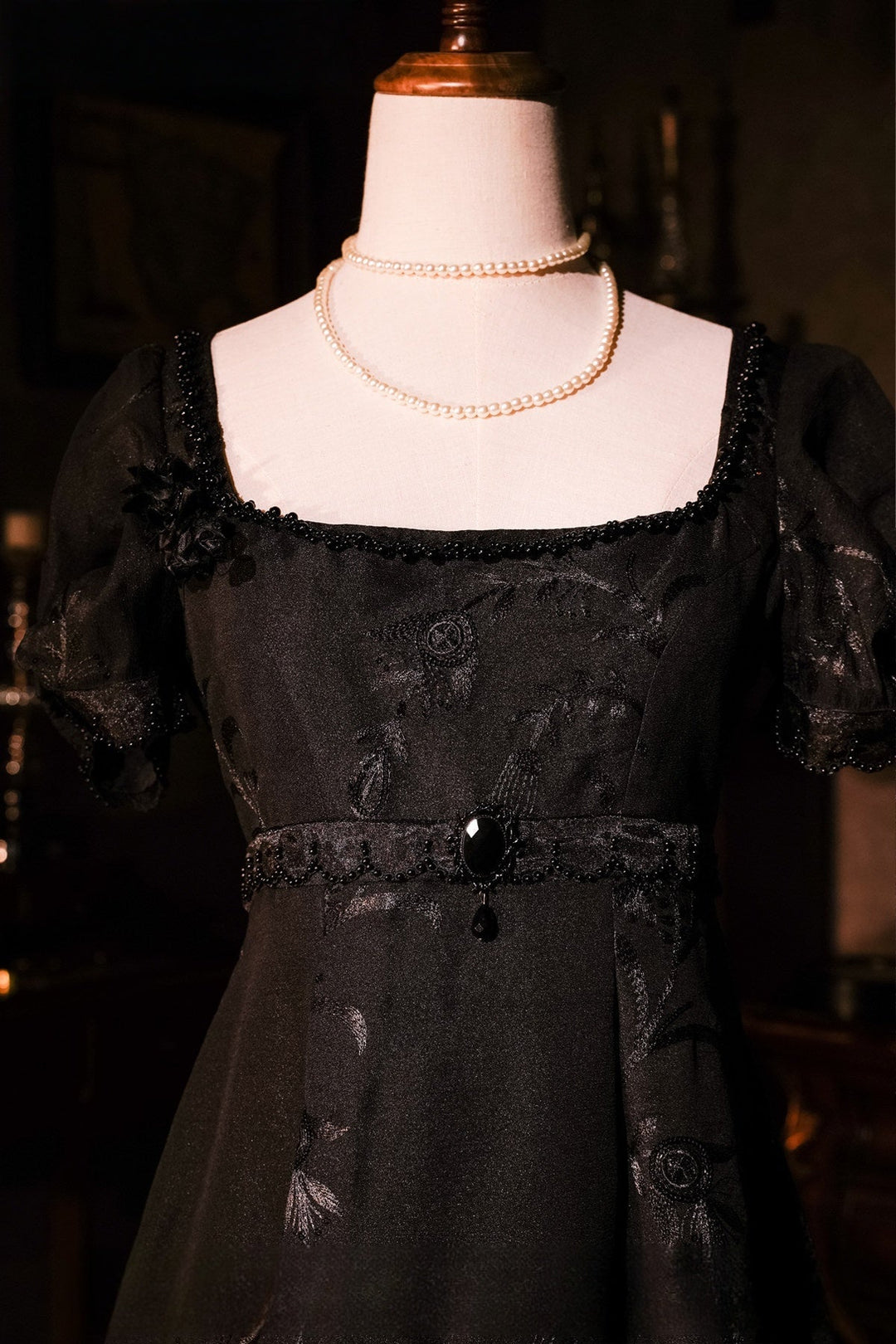 Regency Era Black Empire Waist Dress with Sheer Puff Sleeves and Tonal Embroidery – Bridgerton Inspired Vintage Gown Plus Size - WonderlandByLilian
