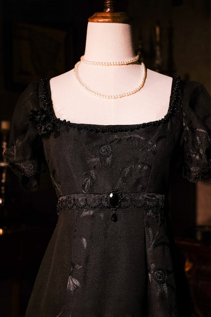 Regency Era Black Empire Waist Dress with Sheer Puff Sleeves and Tonal Embroidery – Bridgerton Inspired Vintage Gown Plus Size - WonderlandByLilian