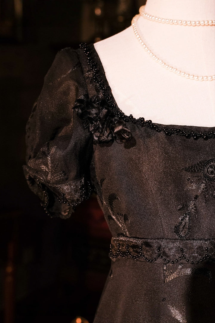 Regency Era Black Empire Waist Dress with Sheer Puff Sleeves and Tonal Embroidery – Bridgerton Inspired Vintage Gown Plus Size - WonderlandByLilian
