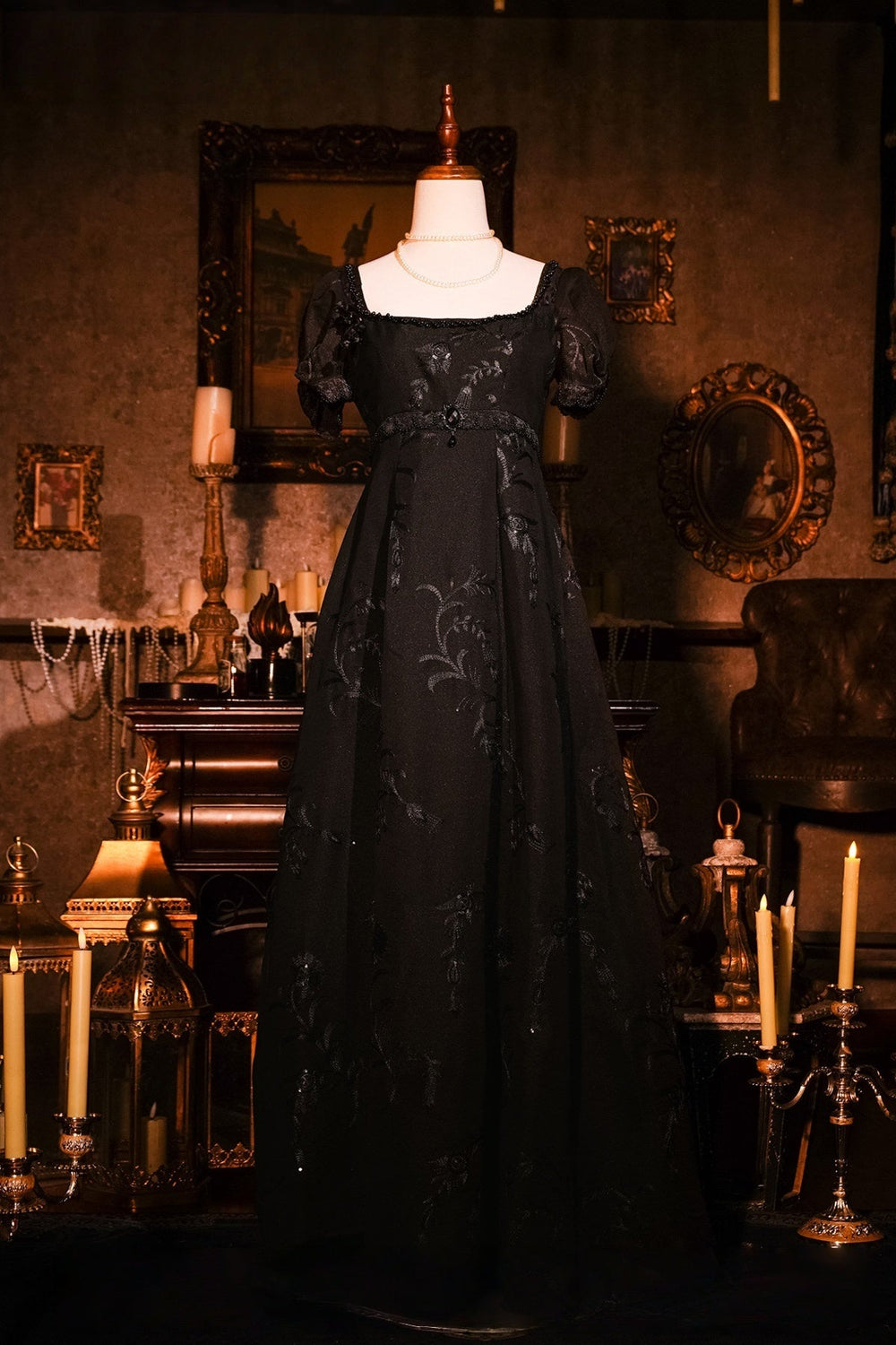 Regency Era Black Empire Waist Dress with Sheer Puff Sleeves and Tonal Embroidery – Bridgerton Inspired Vintage Gown Plus Size - WonderlandByLilian