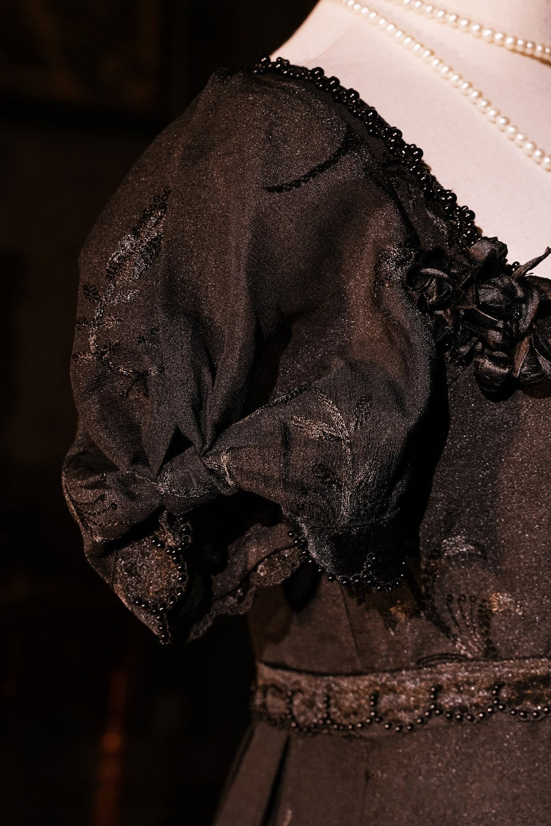 Regency Era Black Empire Waist Dress with Sheer Puff Sleeves and Tonal Embroidery – Bridgerton Inspired Vintage Gown Plus Size - WonderlandByLilian
