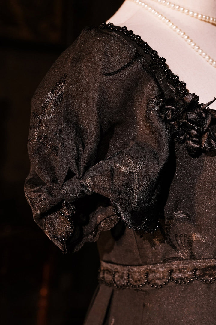 Regency Era Black Empire Waist Dress with Sheer Puff Sleeves and Tonal Embroidery – Bridgerton Inspired Vintage Gown Plus Size - WonderlandByLilian