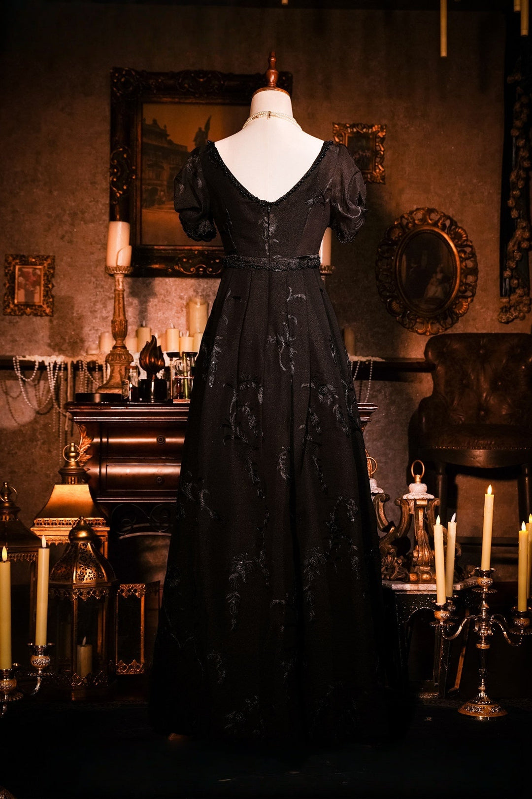 Regency Era Black Empire Waist Dress with Sheer Puff Sleeves and Tonal Embroidery – Bridgerton Inspired Vintage Gown Plus Size - WonderlandByLilian