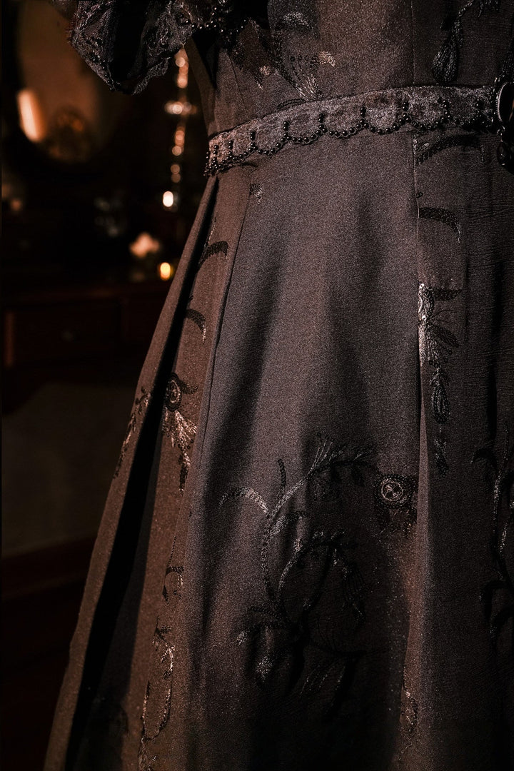 Regency Era Black Empire Waist Dress with Sheer Puff Sleeves and Tonal Embroidery – Bridgerton Inspired Vintage Gown Plus Size - WonderlandByLilian