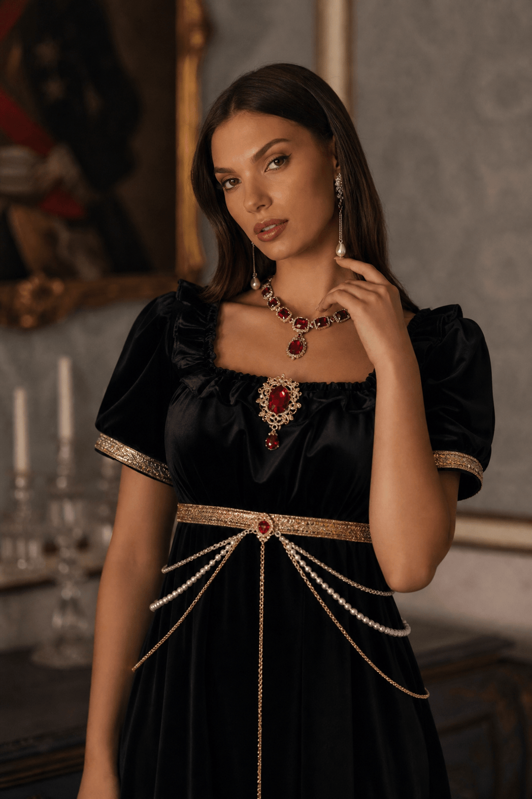 Regency Era Black Satin Empire Waist Gown with Pearl Chain Detail – Gothic Bridgerton Inspired Vintage Gown Plus Size - WonderlandByLilian