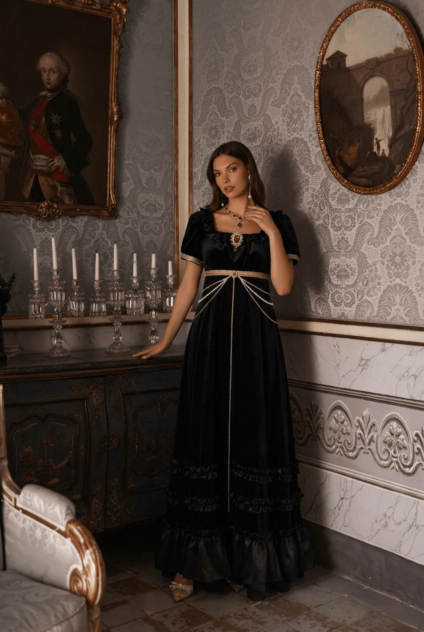 Regency Era Black Satin Empire Waist Gown with Pearl Chain Detail – Gothic Bridgerton Inspired Vintage Gown Plus Size - WonderlandByLilian