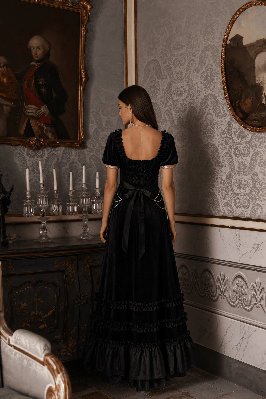 Regency Era Black Satin Empire Waist Gown with Pearl Chain Detail – Gothic Bridgerton Inspired Vintage Gown Plus Size - WonderlandByLilian