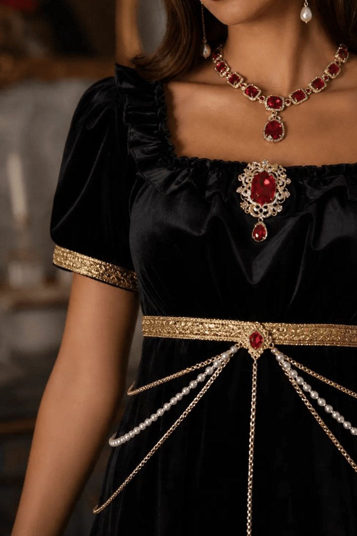 Regency Era Black Satin Empire Waist Gown with Pearl Chain Detail – Gothic Bridgerton Inspired Vintage Gown Plus Size - WonderlandByLilian