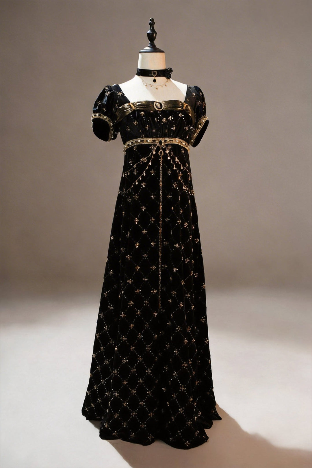 Regency Era Black Velvet Gold Embroidered Empire Waist Vintage Gown with Puff Sleeves – Bridgerton Inspired Dress Plus Size - WonderlandByLilian