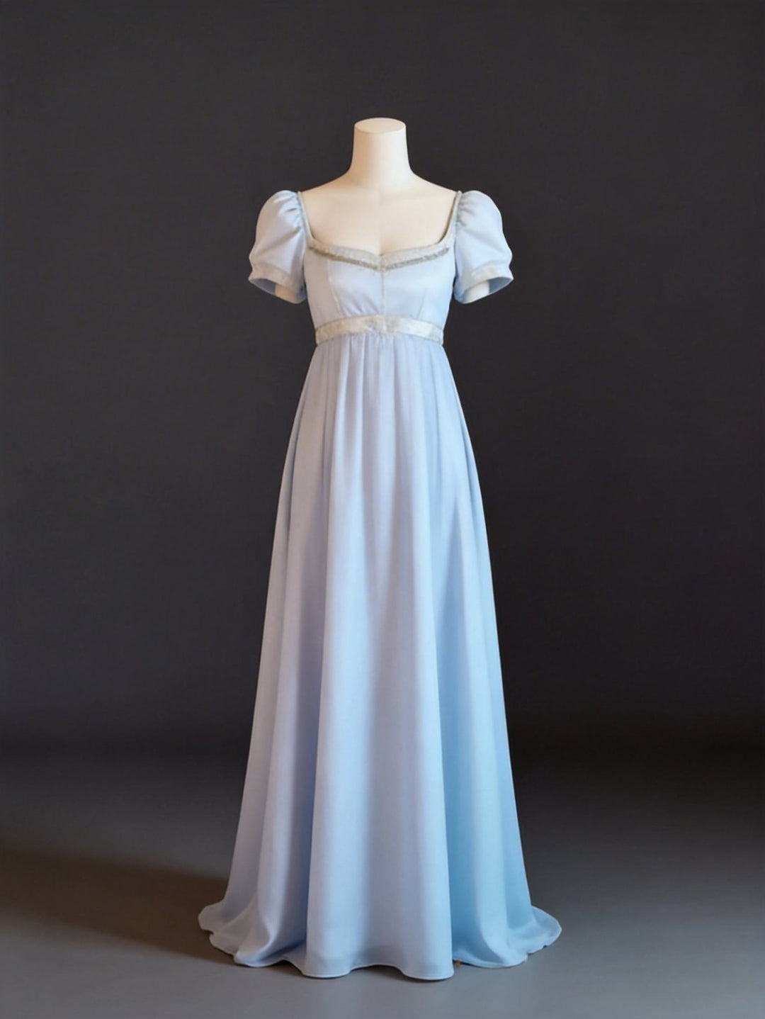 Regency Era Blue Chiffon Empire Waist Vintage Gown with Sheer Puff Sleeves and Square Neck – Bridgerton Inspired Formal Dress Plus Size - WonderlandByLilian