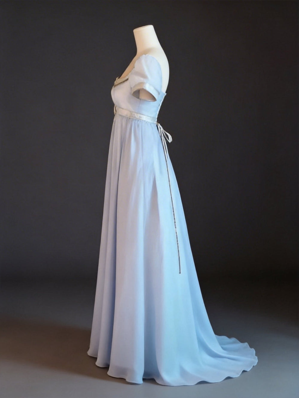 Regency Era Blue Chiffon Empire Waist Vintage Gown with Sheer Puff Sleeves and Square Neck – Bridgerton Inspired Formal Dress Plus Size - WonderlandByLilian