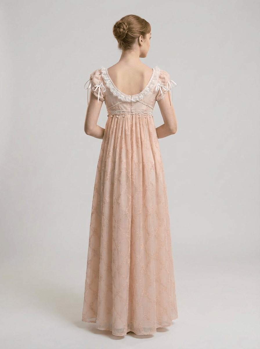 Regency Era Blush Pink Embroidered Tulle Empire Waist Dress – Bridgerton Inspired Ribbon Shoulder Gown Plus Size - WonderlandByLilian