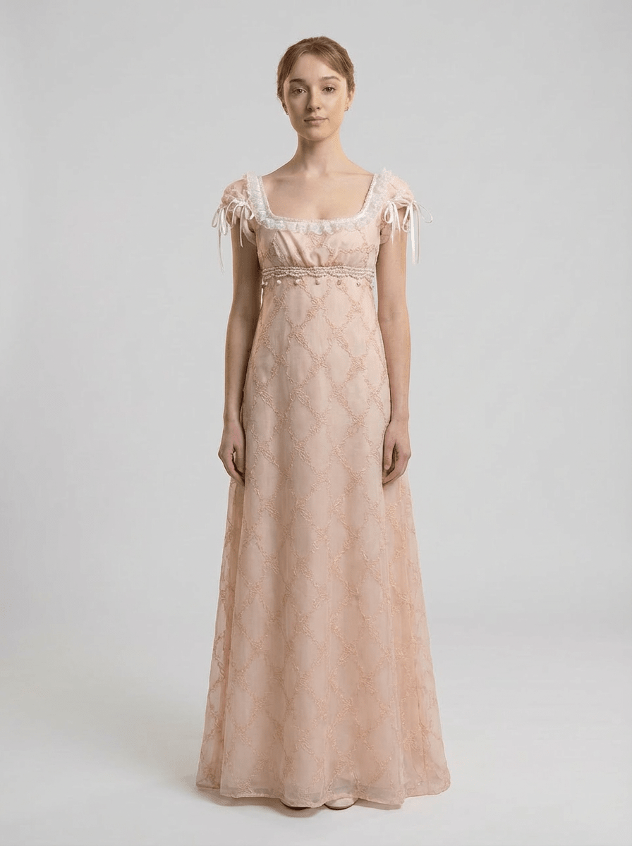 Regency Era Blush Pink Embroidered Tulle Empire Waist Dress – Bridgerton Inspired Ribbon Shoulder Gown Plus Size - WonderlandByLilian