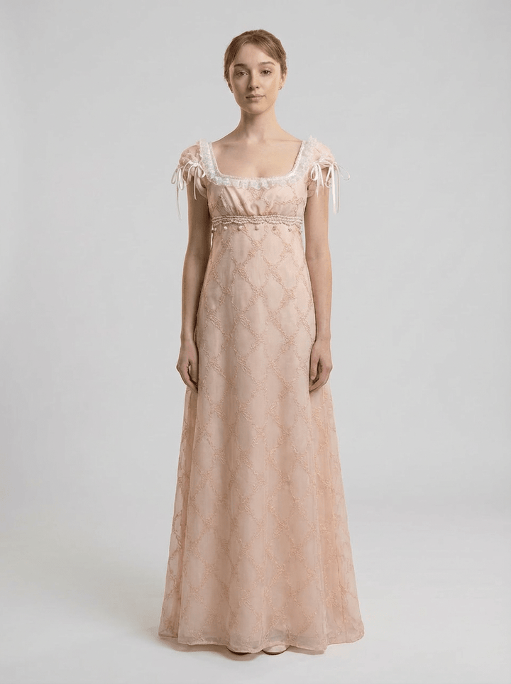 Regency Era Blush Pink Embroidered Tulle Empire Waist Dress – Bridgerton Inspired Ribbon Shoulder Gown Plus Size - WonderlandByLilian