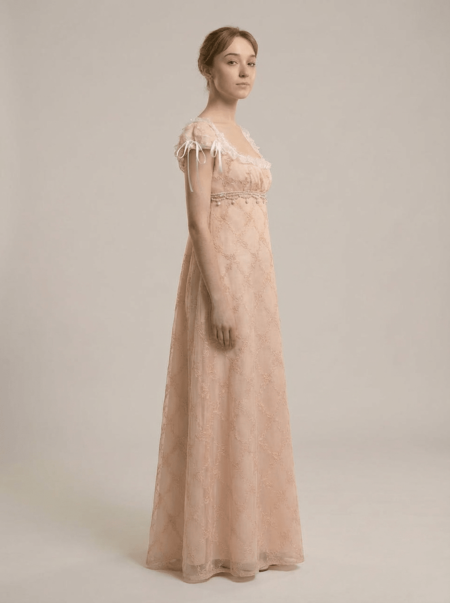 Regency Era Blush Pink Embroidered Tulle Empire Waist Dress – Bridgerton Inspired Ribbon Shoulder Gown Plus Size - WonderlandByLilian