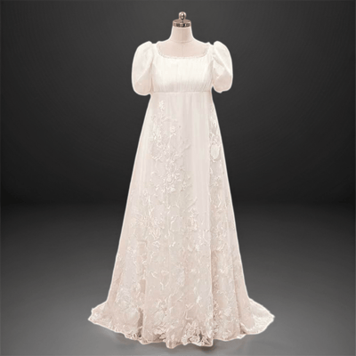 Regency Era Bridgerton Style Empire White Simple Lace Ball Gown Plus Size - WonderlandByLilian