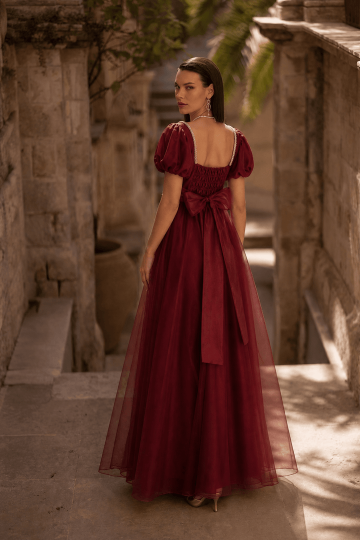 Regency Era Burgundy Empire Waist Gown with Gold Pearl Chain Detail and Lace Shawl – Bridgerton Inspired Evening Dress Plus Size - WonderlandByLilian