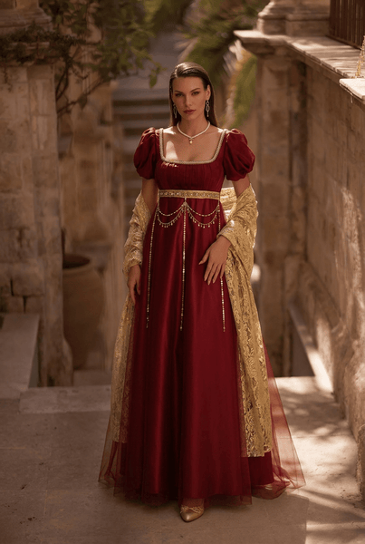 red and gold dress plus size Regency Era Burgundy Empire Waist Gown with Pearl Chain Detail Lace Shawl – Bridgerton Inspired Evening back: mid open Summer Linen Men Pants Sizes 0XL to 4XL Size:4 (Pre-Order - Ships Early November)