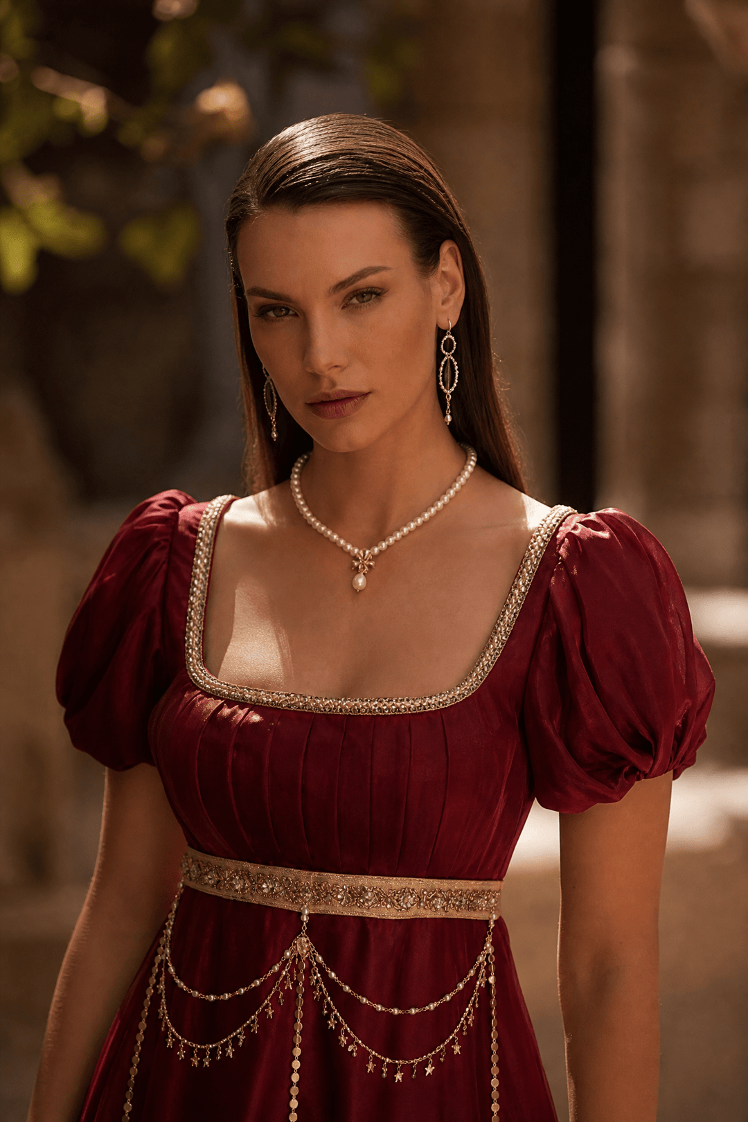 Regency Era Burgundy Empire Waist Gown with Gold Pearl Chain Detail and Lace Shawl – Bridgerton Inspired Evening Dress Plus Size - WonderlandByLilian